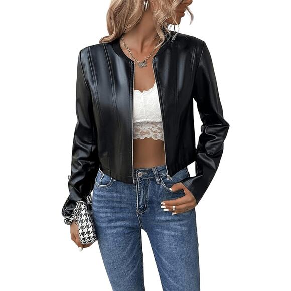 Women's Black Faux Leather Zip Up Cropped Moto Jacket Size S NWT - Picture 2 of 3